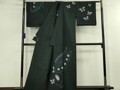 平和屋着物∴極上　夏物　浴衣　有松鳴海絞り　舞蝶文　黒地　綿　逸品　DZAB7486kh6