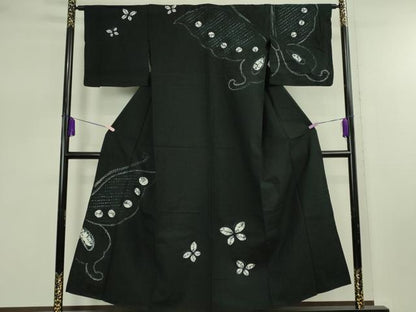 平和屋着物∴極上　夏物　浴衣　有松鳴海絞り　舞蝶文　黒地　綿　逸品　DZAB7487kh6