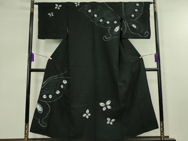 平和屋着物∴極上　夏物　浴衣　有松鳴海絞り　舞蝶文　黒地　綿　逸品　DZAB7487kh6