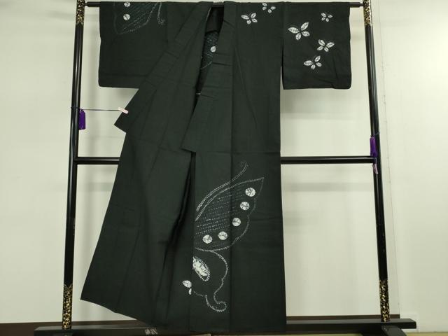 平和屋着物∴極上　夏物　浴衣　有松鳴海絞り　舞蝶文　黒地　綿　逸品　DZAB7487kh6