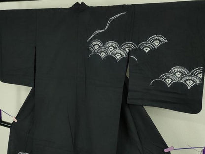 平和屋着物∴極上　夏物　浴衣　有松鳴海絞り　青海波　黒地　綿　逸品　DZAB7488kh6
