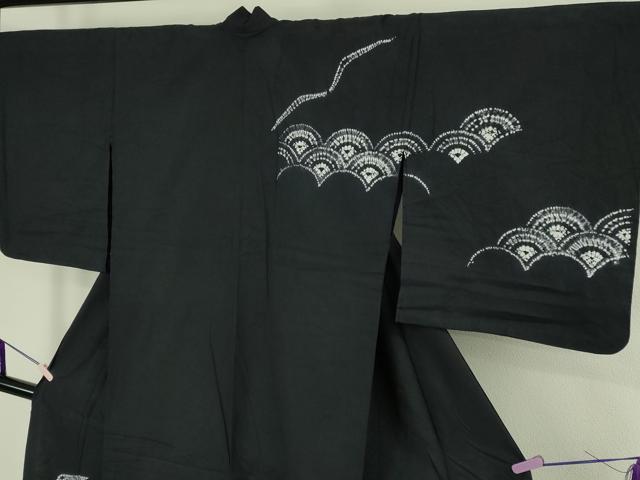 平和屋着物∴極上　夏物　浴衣　有松鳴海絞り　青海波　黒地　綿　逸品　DZAB7488kh6