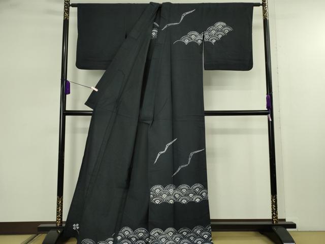 平和屋着物∴極上　夏物　浴衣　有松鳴海絞り　青海波　黒地　綿　逸品　DZAB7488kh6