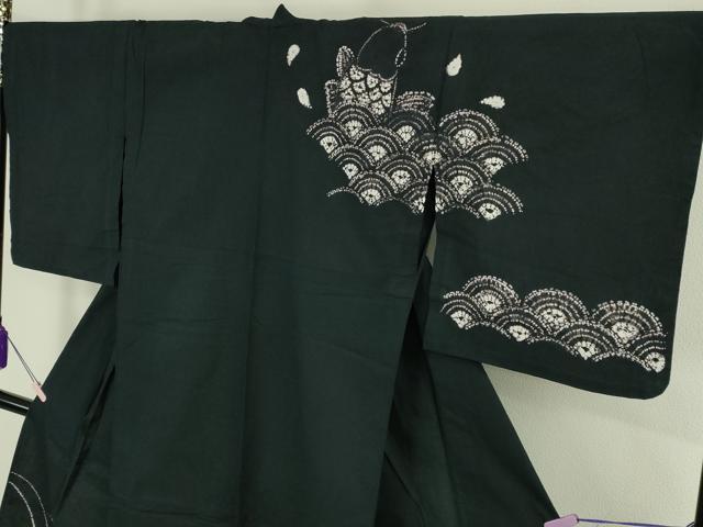 平和屋着物∴極上　夏物　浴衣　有松鳴海絞り　鯉の滝昇り　黒地　綿　逸品　DZAB7489kh6