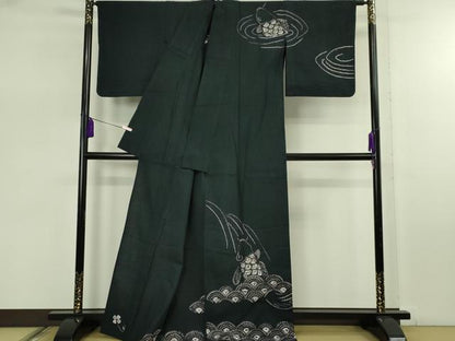 平和屋着物∴極上　夏物　浴衣　有松鳴海絞り　鯉の滝昇り　黒地　綿　逸品　DZAB7489kh6