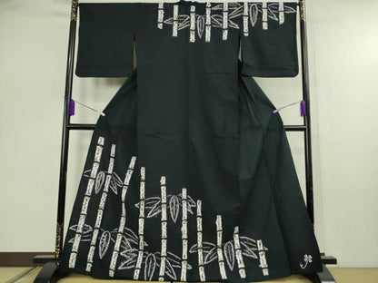 平和屋着物∴極上　夏物　浴衣　有松鳴海絞り　笹竹　黒地　綿　逸品　DZAB7490kh6