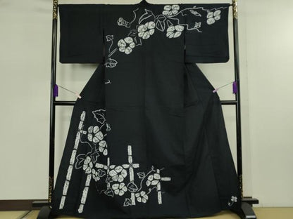平和屋着物∴極上　夏物　浴衣　有松鳴海絞り　朝顔　黒地　綿　逸品　DZAB7493kh6