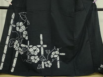 平和屋着物∴極上　夏物　浴衣　有松鳴海絞り　朝顔　黒地　綿　逸品　DZAB7493kh6