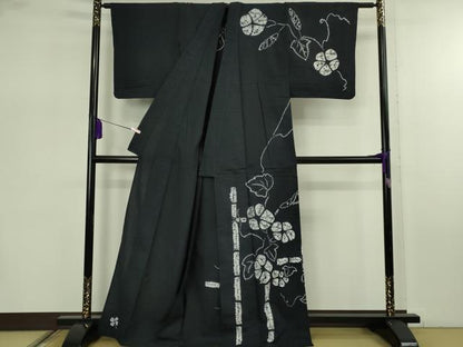 平和屋着物∴極上　夏物　浴衣　有松鳴海絞り　朝顔　黒地　綿　逸品　DZAB7493kh6
