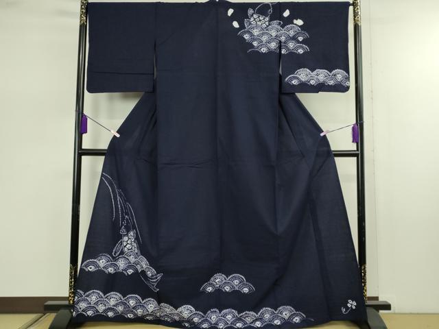 平和屋着物∴極上　夏物　浴衣　有松鳴海絞り　鯉の滝昇り　紺色地　綿　逸品　DZAB7494kh6