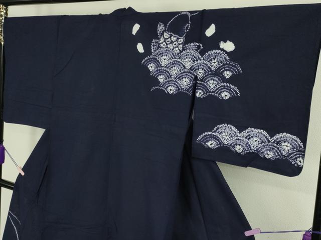 平和屋着物∴極上　夏物　浴衣　有松鳴海絞り　鯉の滝昇り　紺色地　綿　逸品　DZAB7494kh6