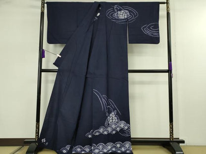 平和屋着物∴極上　夏物　浴衣　有松鳴海絞り　鯉の滝昇り　紺色地　綿　逸品　DZAB7494kh6