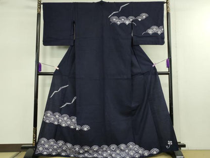 平和屋着物∴極上　夏物　浴衣　有松鳴海絞り　青海波　紺色地　綿　逸品　DZAB7495kh6