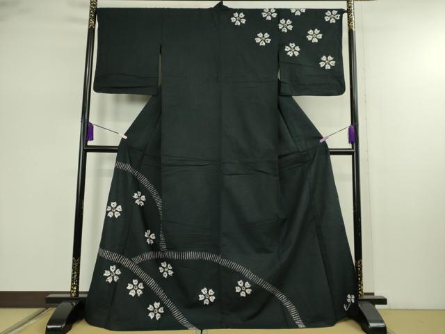 平和屋着物∴極上　夏物　浴衣　有松鳴海絞り　舞花文　黒地　綿　逸品　DZAB7496kh6