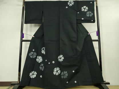 平和屋着物∴極上　夏物　浴衣　有松鳴海絞り　舞花文　黒地　綿　逸品　DZAB7501kh6