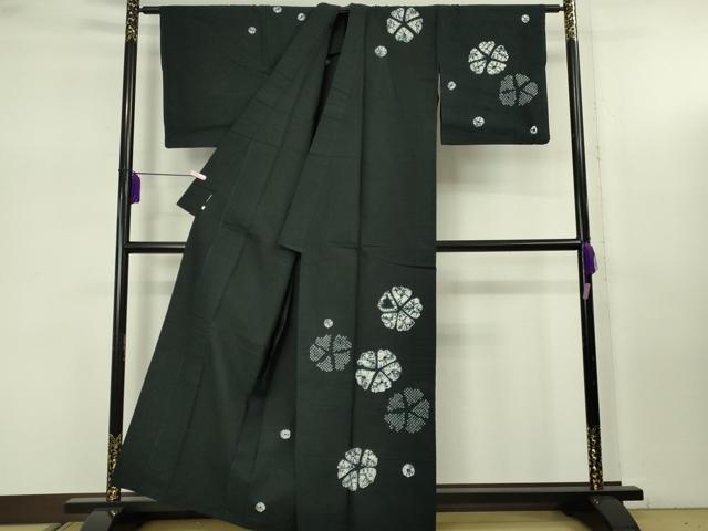 平和屋着物∴極上　夏物　浴衣　有松鳴海絞り　舞花文　黒地　綿　逸品　DZAB7501kh6