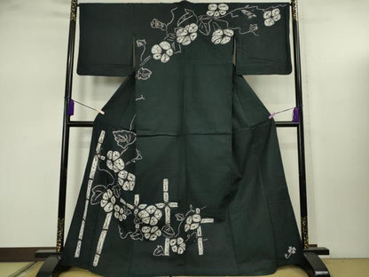 平和屋着物∴極上　夏物　浴衣　有松鳴海絞り　朝顔　黒地　綿　逸品　DZAB7502kh6