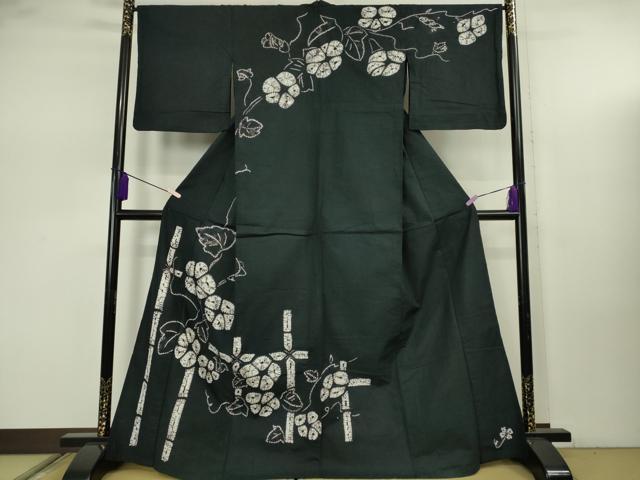 平和屋着物∴極上　夏物　浴衣　有松鳴海絞り　朝顔　黒地　綿　逸品　DZAB7502kh6