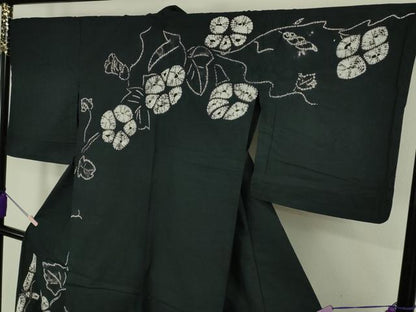 平和屋着物∴極上　夏物　浴衣　有松鳴海絞り　朝顔　黒地　綿　逸品　DZAB7502kh6