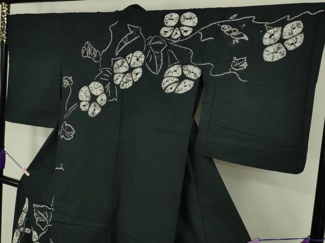 平和屋着物∴極上　夏物　浴衣　有松鳴海絞り　朝顔　黒地　綿　逸品　DZAB7502kh6
