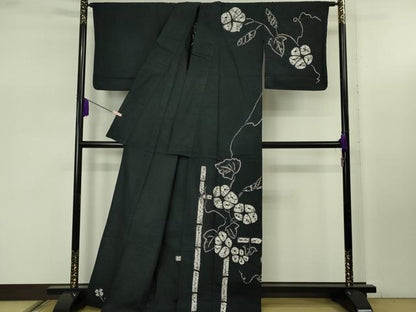 平和屋着物∴極上　夏物　浴衣　有松鳴海絞り　朝顔　黒地　綿　逸品　DZAB7502kh6