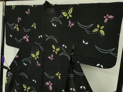 平和屋着物∴極上　夏物　浴衣　有松鳴海絞り　舞蝶文　黒地　綿　逸品　未使用　DZAB7503kh6