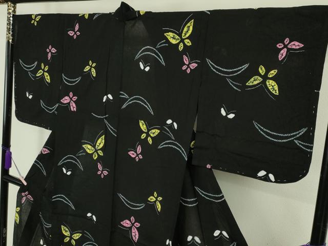 平和屋着物∴極上　夏物　浴衣　有松鳴海絞り　舞蝶文　黒地　綿　逸品　未使用　DZAB7503kh6