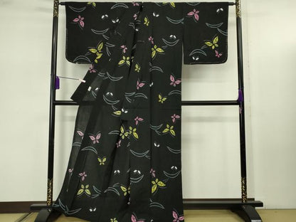 平和屋着物∴極上　夏物　浴衣　有松鳴海絞り　舞蝶文　黒地　綿　逸品　未使用　DZAB7503kh6