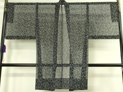 平和屋本店∞極上　長羽織　オーガンジー　スリーシーズン　春夏秋　塵除け　刺繍　レース　花菱　黒地　逸品　DZAB7516kh6