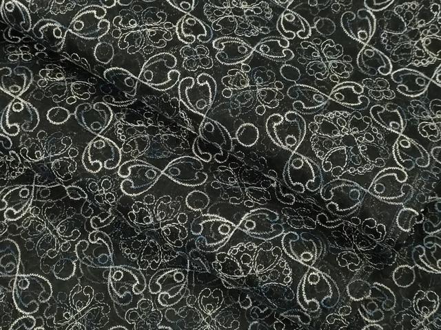 平和屋本店∞極上　長羽織　オーガンジー　スリーシーズン　春夏秋　塵除け　刺繍　レース　花菱　黒地　逸品　DZAB7516kh6
