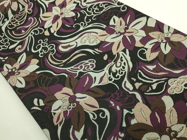 平和屋本店●極上　染色作家　斉藤三才　両面　六通柄袋帯　草花文　三才鳥　黒地　銀糸　逸品　未使用　DZAB7531kh6