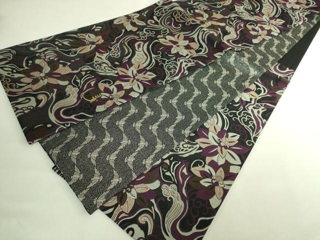 平和屋本店●極上　染色作家　斉藤三才　両面　六通柄袋帯　草花文　三才鳥　黒地　銀糸　逸品　未使用　DZAB7531kh6