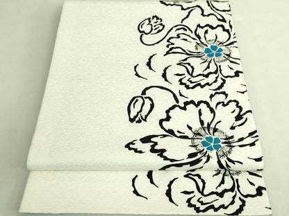 平和屋着物●極上　東京友禅　菅有鬼一　六通柄袋帯　草花文　白地　逸品　DZAB7546kh6