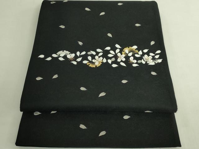 平和屋本店●極上　織楽浅野　太鼓柄袋帯　唐織　雪輪舞桜　黒地　金銀糸　逸品　未使用　DZAB7553kh6