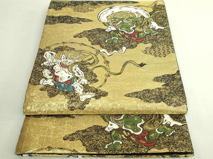 平和屋着物●極上　西陣　大光謹製　太鼓柄袋帯　風神雷神　金銀糸　証紙付き　逸品　未使用　DZAB7560kh6