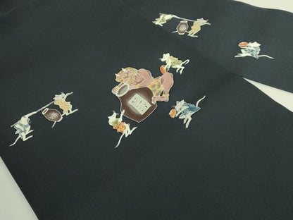 平和屋着物●極上　塩瀬　九寸名古屋帯　友禅　鬼　ネズミ　百入茶色地　逸品　DZAB7561kh6