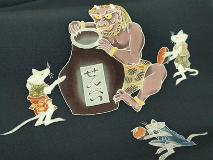 平和屋着物●極上　塩瀬　九寸名古屋帯　友禅　鬼　ネズミ　百入茶色地　逸品　DZAB7561kh6