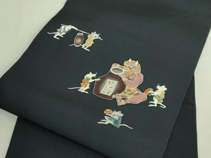 平和屋着物●極上　塩瀬　九寸名古屋帯　友禅　鬼　ネズミ　百入茶色地　逸品　DZAB7561kh6