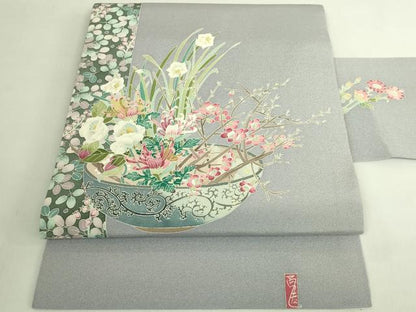 平和屋本店●極上　本加賀友禅作家　宮野勇造　九寸名古屋帯　生花　灰青色地　逸品　DZAB7577kh6