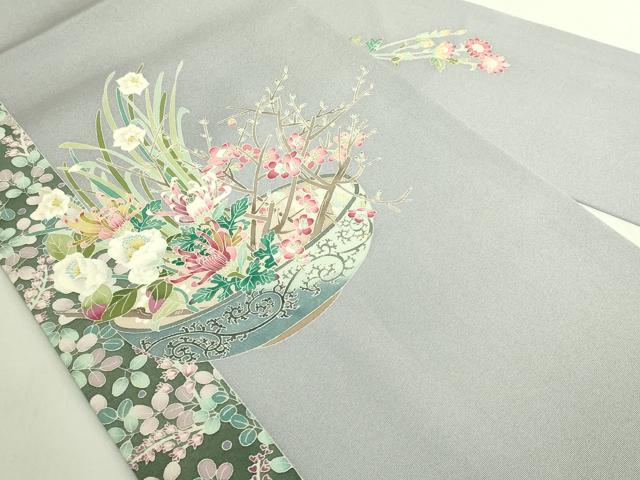 平和屋本店●極上　本加賀友禅作家　宮野勇造　九寸名古屋帯　生花　灰青色地　逸品　DZAB7577kh6