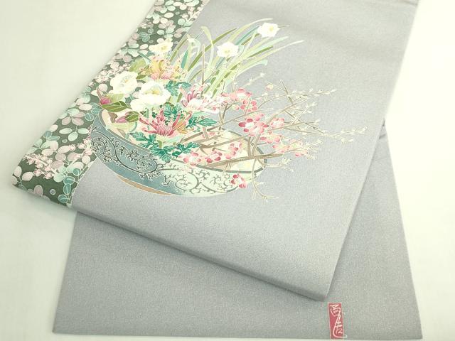 平和屋本店●極上　本加賀友禅作家　宮野勇造　九寸名古屋帯　生花　灰青色地　逸品　DZAB7577kh6