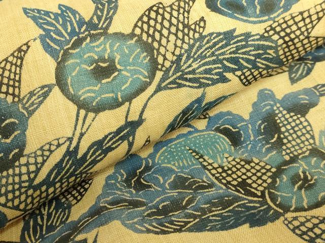 平和屋本店＊極上　夏物　芭蕉布　手積み芭蕉糸100％　本場琉球紅型　九寸名古屋帯　藍　草花文　逸品　DZAB7594kh6