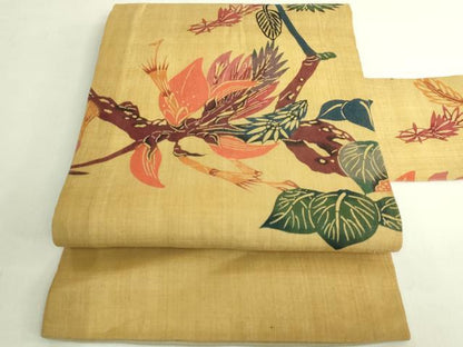 平和屋本店＊極上　夏物　芭蕉布　手積み芭蕉糸100％　本場琉球紅型　九寸名古屋帯　枝花文　逸品　DZAB7596kh6