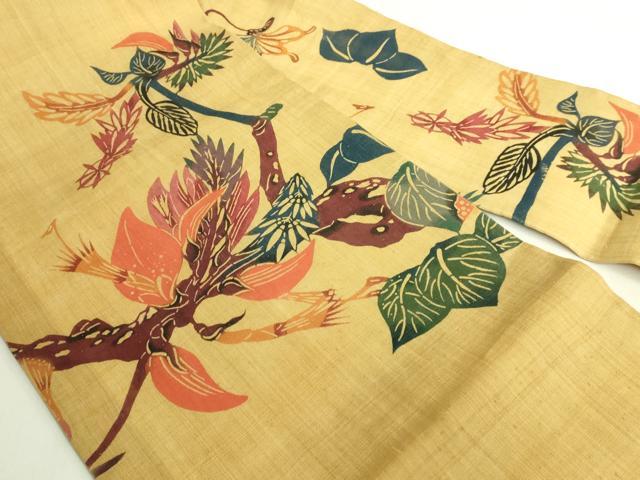 平和屋本店＊極上　夏物　芭蕉布　手積み芭蕉糸100％　本場琉球紅型　九寸名古屋帯　枝花文　逸品　DZAB7596kh6