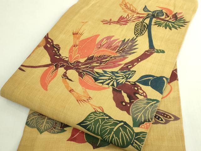 平和屋本店＊極上　夏物　芭蕉布　手積み芭蕉糸100％　本場琉球紅型　九寸名古屋帯　枝花文　逸品　DZAB7596kh6