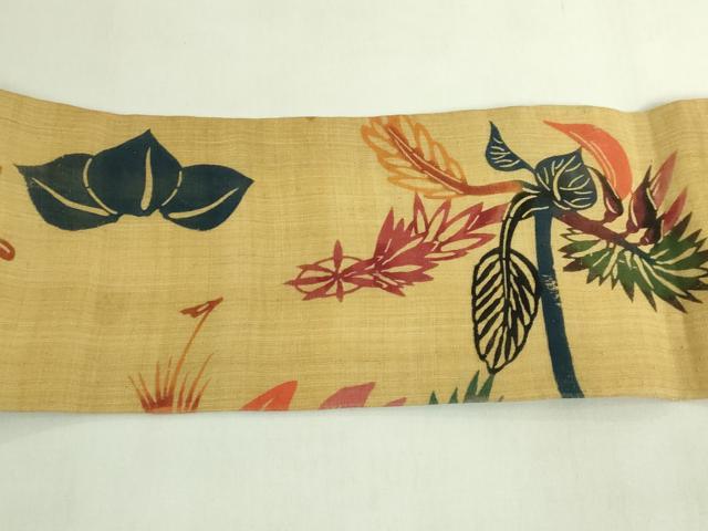 平和屋本店＊極上　夏物　芭蕉布　手積み芭蕉糸100％　本場琉球紅型　九寸名古屋帯　枝花文　逸品　DZAB7596kh6