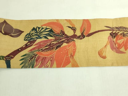 平和屋本店＊極上　夏物　芭蕉布　手積み芭蕉糸100％　本場琉球紅型　九寸名古屋帯　枝花文　逸品　DZAB7596kh6