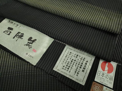 平和屋着物＊極上　夏物　西陣　夏お召　手織　横段文　黒地　証紙付き　逸品　DZAB7603kh6