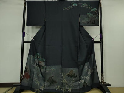 平和屋本店●極上　訪問着　紗袷　手描き　七福神　松竹梅　濃紺地　金彩　逸品　未使用　DZAB7609kh6
