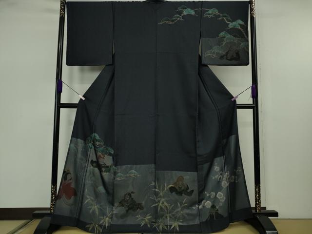 平和屋本店●極上　訪問着　紗袷　手描き　七福神　松竹梅　濃紺地　金彩　逸品　未使用　DZAB7609kh6